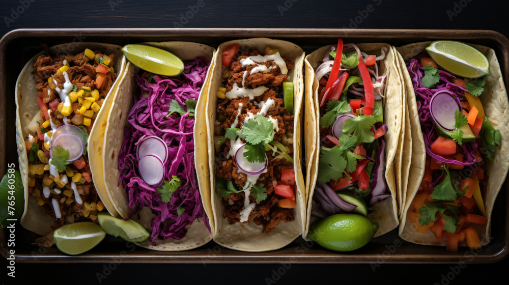 A tray of Mexican tacos with beef chicken and a variet