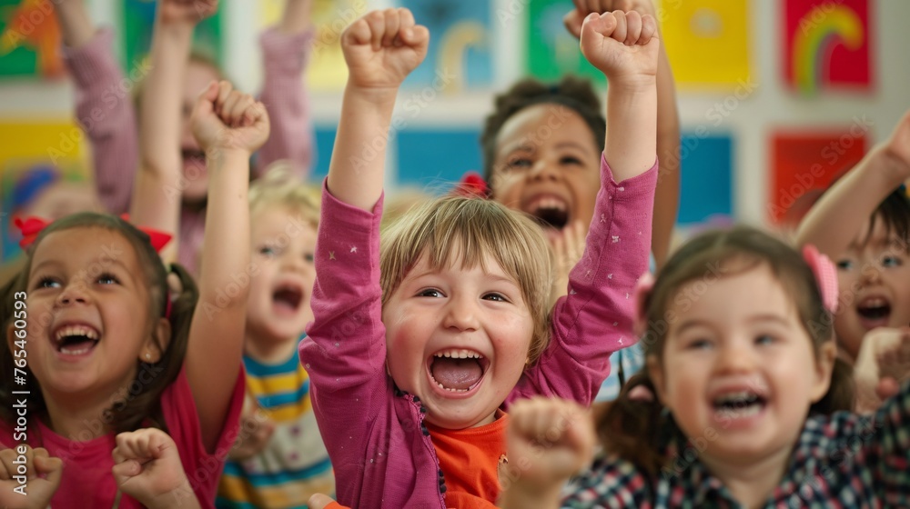 Youngsters celebrating triumph in nursery gym. Youngsters celebrating triumph in nursery gym.