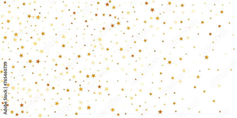 Confetti of golden stars. Chaotic abstract background with scattered elements of stars. Festive decor on a transparent background.