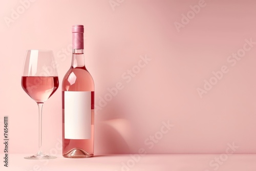 a blank bottle of rose wine with a wineglass on a pink background - mockup template
