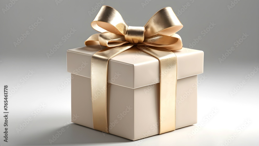 Fototapeta premium Beige velvet gift box with a golden bow. Elegant present box