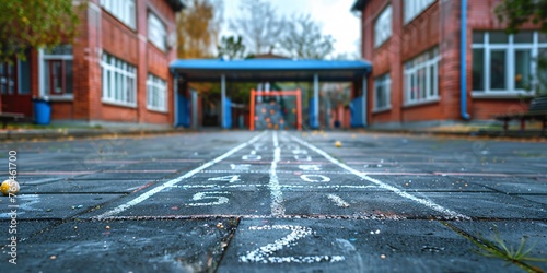 Jumping game played by children on a chalk-marked asphalt playground, representing youthful innocence and enjoyment during recess or after school. photo