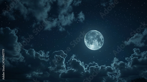 A full moon glowing brightly in the night sky, partially obscured by wispy clouds drifting lazily across the heavens, creating a mystical and serene scene.