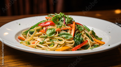 A vibrant bowl of pasta primavera with spaghetti