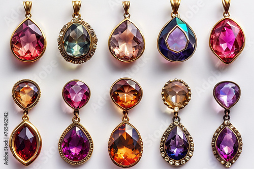 Dazzling display of gemstone pendants, perfect for luxurious designs on a transparent background.