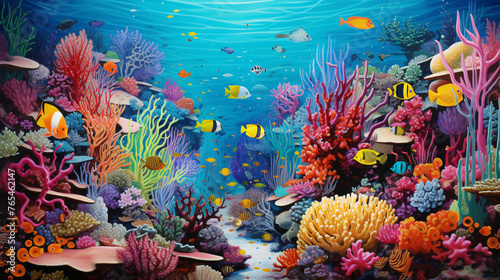 A vibrant coral reef teeming with marine life.