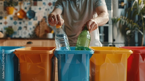 A man discards an empty plastic bottle into a recycling bin in the kitchen, while sorting household waste into various bins with vibrant trash bags. photo