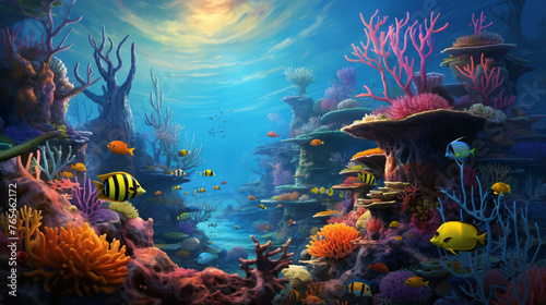 A vibrant coral reef with colorful fish and marine lif