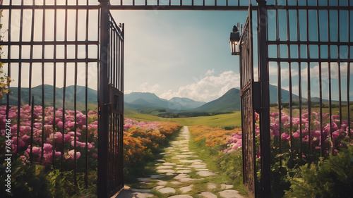 Floral gate entrance. New life or beginning concept. Dream gate to success. AI generated image, ai