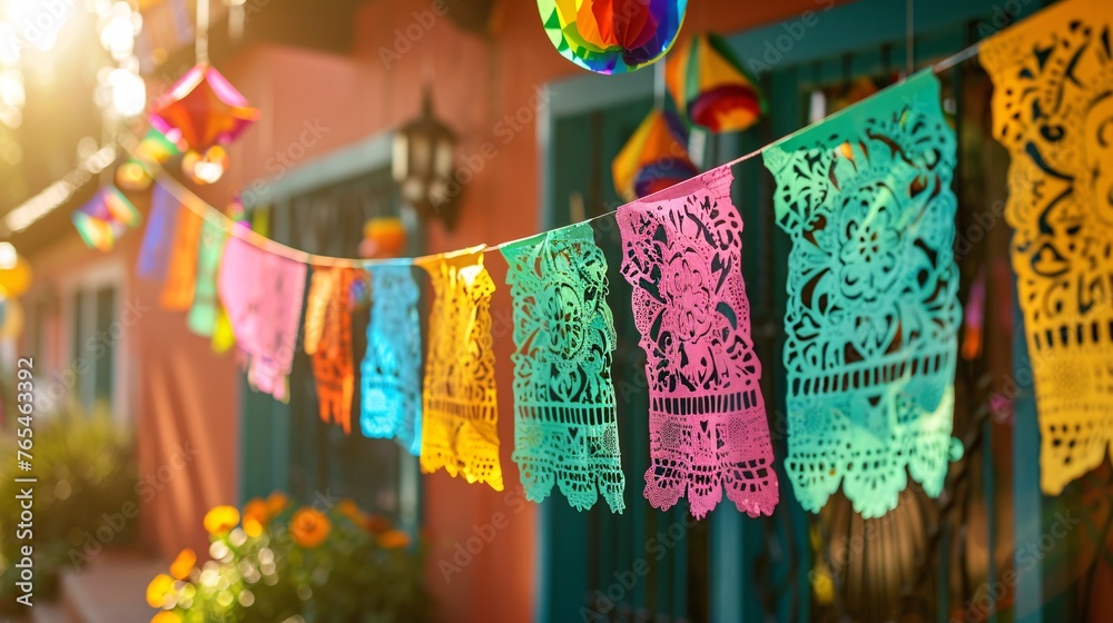Traditional festive Mexican paper pennants used for decorations in Mexico.