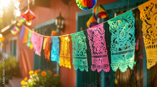 Traditional festive Mexican paper pennants used for decorations in Mexico. © ckybe