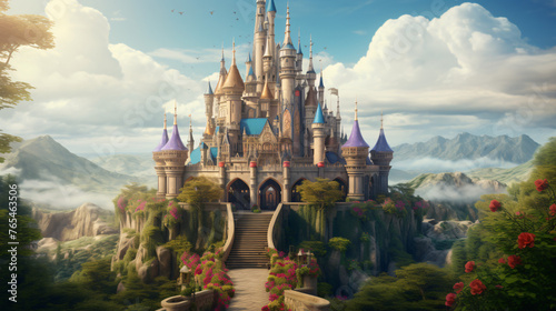 A whimsical fairy tale castle with towers and battleme photo