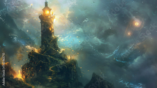 A wizards tower surrounded by swirling mists photo