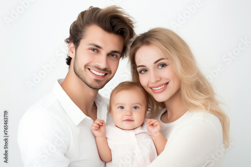 happy family with a baby on a white background