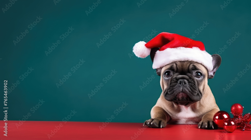 Cute french bulldog with santa claus hat isolated on green background
