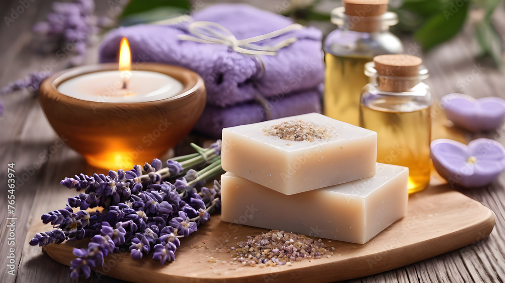 Natural soap and lavender for bath and spa. Hygiene concept. AI generated image, ai. Natural soap and lavender for bath and spa. Hygiene concept. AI generated image, ai.