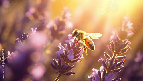 a bee flying around lavender in the sun, in the style of light yellow and light magenta, sunrays shine upon it, magewave, light amber and indigo, exacting precision, kimoicore, working-class empathy 