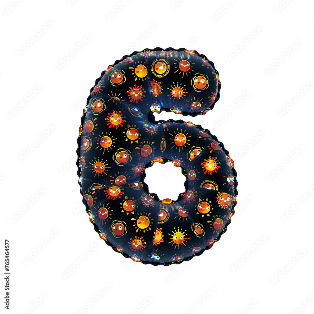 3D inflated balloon Number 6 with black surface and yellow/orange sun smiley childrens pattern 3D inflated balloon Number 6 with black surface and yellow/orange sun smiley childrens pattern