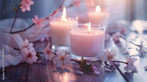 Scented Candles and Pale Pink Cherry Blossom on Table