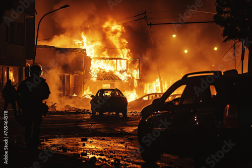 Firefighters respond to nighttime blaze in urban setting. Emergency response and safety. © Postproduction