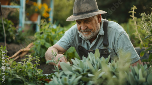 Senior man harvesting herbs in garden