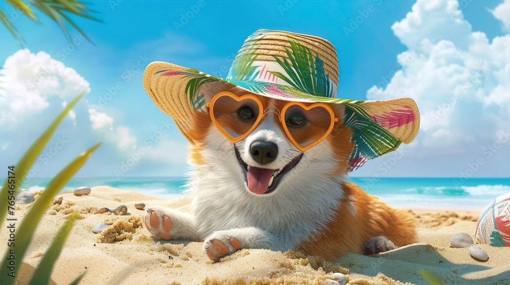 A cheerful corgi frolics in the sand, under the Palm Tree wearing a sunglasses and hat,  enjoying summer vacation .