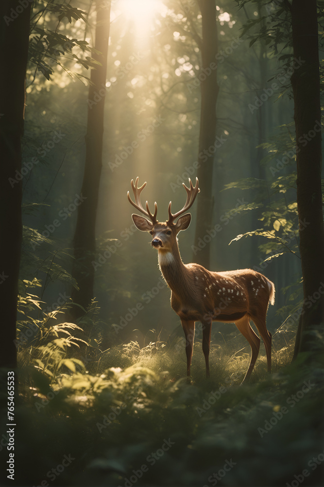 Fototapeta premium A deer with antlers stands in a forest with sunlight shining through the trees