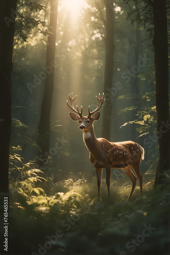 A deer with antlers stands in a forest with sunlight shining through the trees © Big