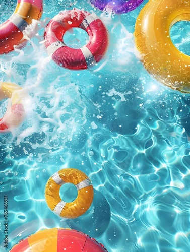 Colorful Floaters and Swim Rings in a Clear Pool