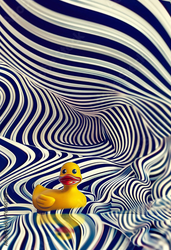Bath yellow duckling toy on blue and white striped background