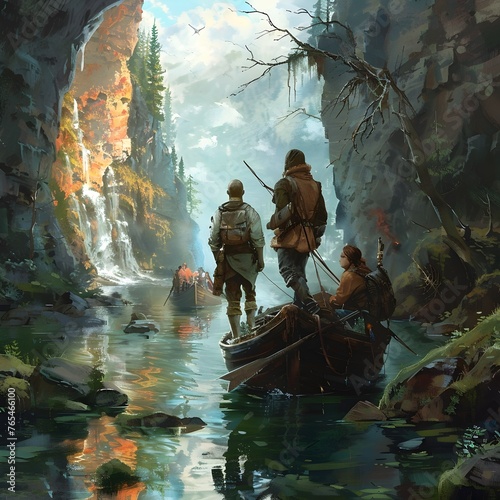 Digital Painting of Men in a Boat Journeying through Fantasy Landscapes