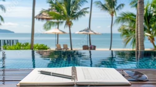 Book with a picturesque beach view in the background, providing the perfect setting for relaxation and literary escape, where the pages of the book merge seamlessly with the horizon.  © isti