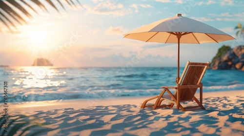 Beach scene with umbrellas and beach chairs against the picturesque backdrop of a beautiful sea beach