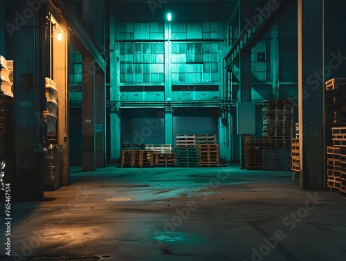 Moody industrial warehouse at night with glowing lights. Urban, atmospheric setting. Empty, cinematic style. Generative AI