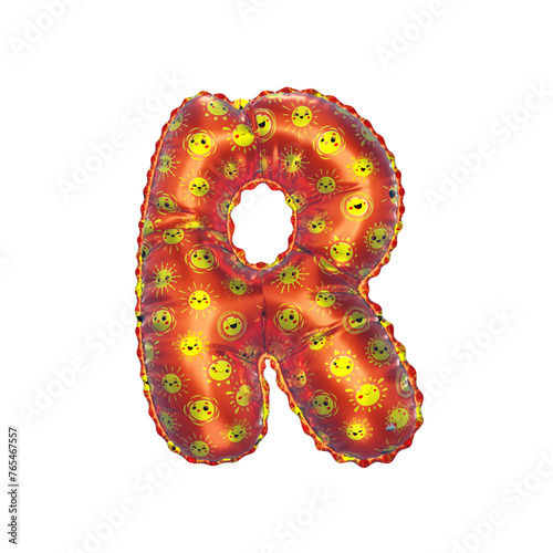 3D inflated balloon letter R with orange surface and yellow sun smiley childrens pattern