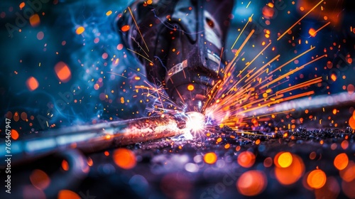 Welder works on metal surface with sparks flying.