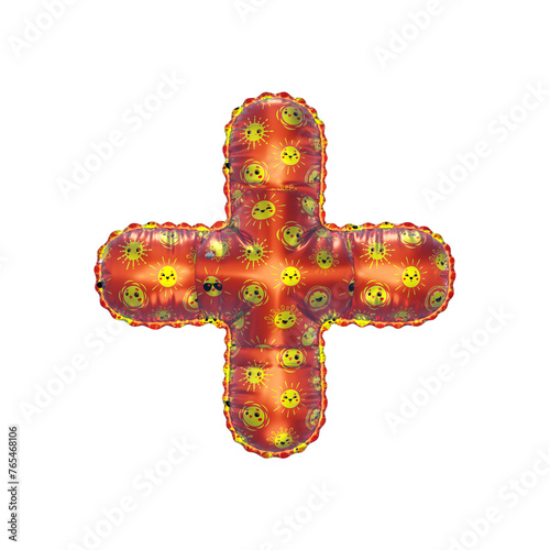 3D inflated balloon Plus Symbol/sign with orange surface and yellow sun smiley childrens pattern
