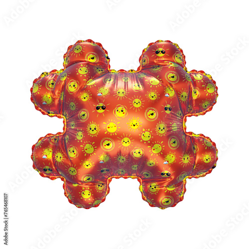 3D inflated balloon Hash/Pound Symbol/sign with orange surface and yellow sun smiley childrens pattern