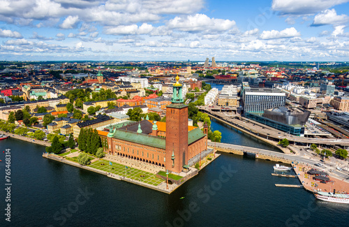 Stockholm, Sweden. Stockholm City Hall. Panorama of the city in summer in cloudy weather. Aerial view © nikitamaykov