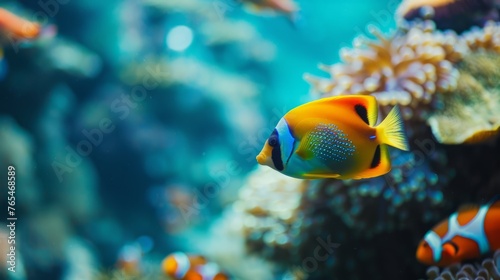 Colorful fish swims in coral reef.