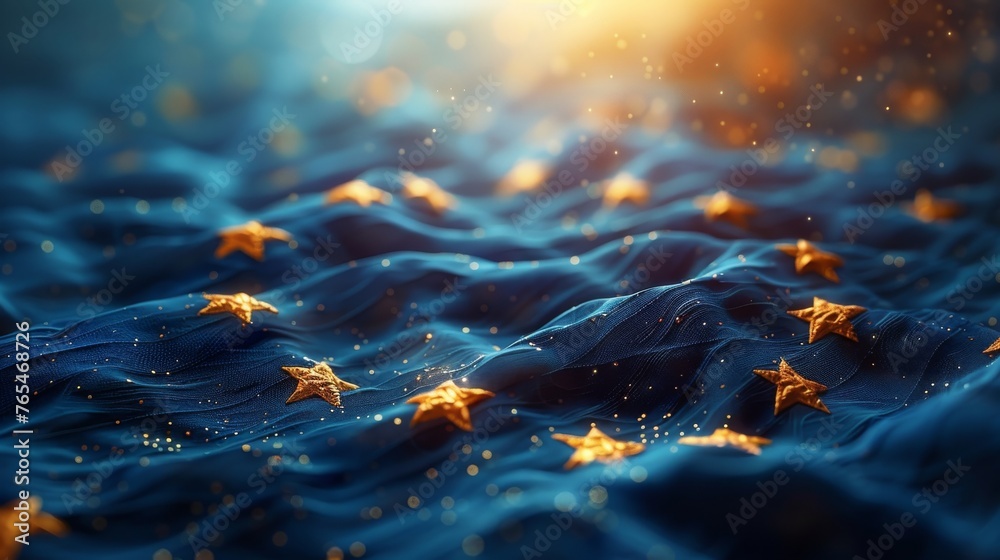 Artistic representation with blue wavy fabric, golden stars, sparkling particles, and a warm glowing light - obrazy, fototapety, plakaty 
