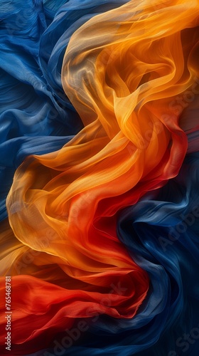 This image shows a dynamic and colorful abstract swirl of blue and orange flowing fabric