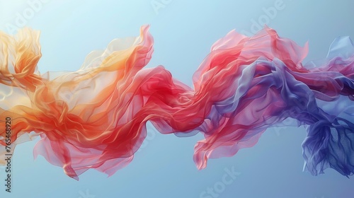 Image displays a vibrant, flowing fabric in orange, pink, and blue hues against a light background photo