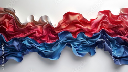 Abstract, wavy texture composed of fluid, satin-like material in a gradient of red and blue colors