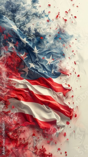 Artistic depiction of the American flag, with a fluid, ethereal quality, and vibrant red blossoms