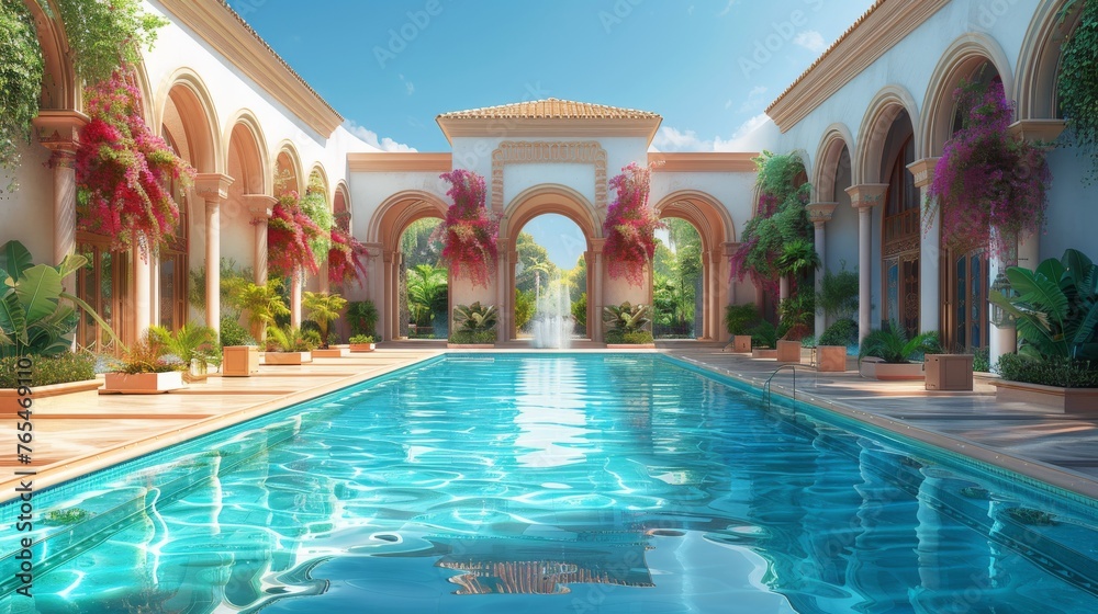 Idyllic pool lined with vibrant pink flowers framed by elegant archways in a tranquil setting