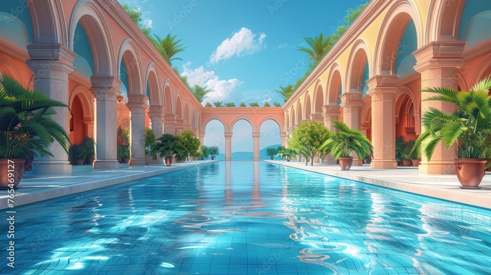 Elegant arched corridor beside a tranquil reflective pool, surrounded by palm trees under a clear blue sky