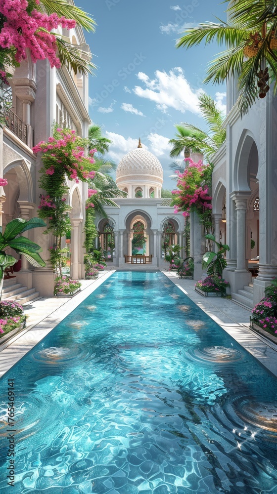 Elegant courtyard with a tranquil pool, surrounded by lush pink flowers and traditional architecture