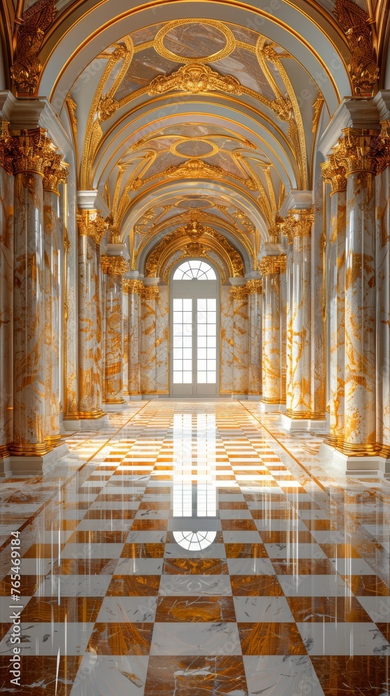 Opulent hall with marble floors, golden arches, decorated ceilings, columns, and sunlight streaming through a window