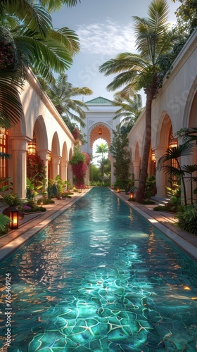 Serene pool flanked by palm trees and archways, reflecting the sky in a tranquil setting
